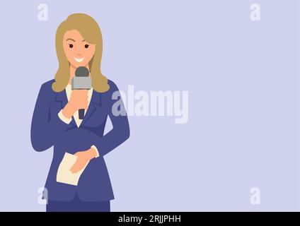 Simple flat vector illustration of a woman reporter holding a microphone Stock Vector