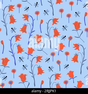 Cute pattern with hand drawn red flowers, hand drawn roses, dragonflies, simple flowers on light blue. Kids flower pattern. Vector illustration Stock Vector