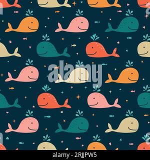 Seamless vector pattern cute smiling whales pink red beige boys textile underwater wallpaper. Vector illustration Stock Vector