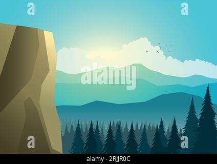 Vector illustration of beautiful landscape of mountain and pine trees. Stock Vector