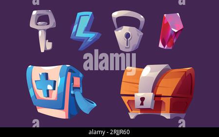 Game icon kit - cartoon assets of lock and key, blue lightning and pink gem stone, closed wooden chest box and first aid medicine bag. Vector illustration of gui elements and rpg trophy or rewards. Stock Vector