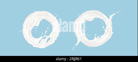 Realistic set of milk splash circles isolated on blue background. Vector illustration of yogurt splatter, round swirl of creamy liquid substance with waves and droplets, dairy drink or white paint Stock Vector