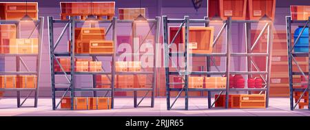 Large warehouse interior with wooden containers, cardboard parcel boxes and liquid bottles on pallets and metal shelves. Cartoon vector illustration of storage room with cargo and logistic inventory. Stock Vector
