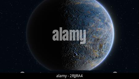 Abstract realistic space spinning planet round sphere with a water surface in space against the background of stars. Stock Photo