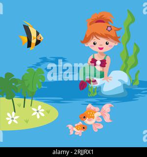 Cute little girl with fish in the pond. Vector illustration. Stock Vector