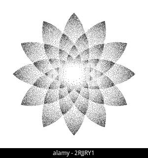 Stippled flower background. Dotted ornament mandala. Noise grain star shape. Abstract black floral petals decoration. Dotwork radial pattern design for tattoo, poster, clothes, badge, sticker. Vector Stock Vector