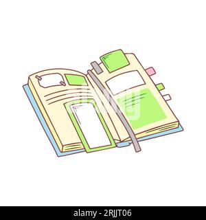 Open notebook with bookmarks and notes. Organizer. Hand drawn stationery supplies doodle. Vector design illustration isolated on white background. Stock Vector
