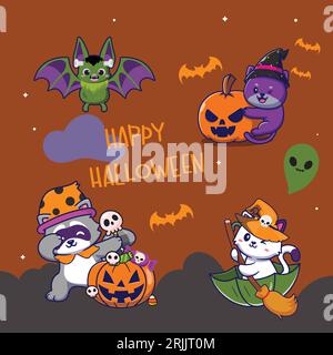 Halloween card with cute cartoon animals. Vector illustration. Stock Vector