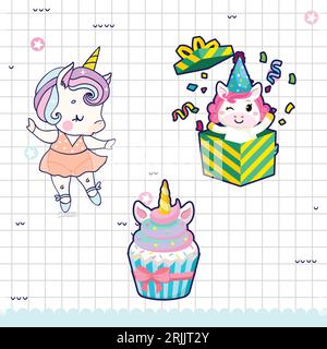 Cute cartoon unicorn. Vector illustration on notebook page. Stock Vector