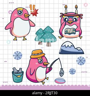 Set of cute penguins and snowflakes. Vector illustration. Stock Vector