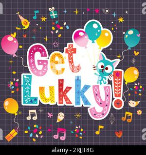 Greeting card with cat, balloons, music notes and letters. Vector illustration. Stock Vector