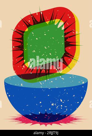 Geometry object in trendy riso graph design. Colorful geometric shapes, elements. Risograph print texture style. Stock Vector