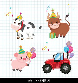 Birthday party elements set. Cute cartoon animals. Vector illustration. Stock Vector