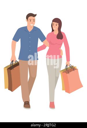 Simple flat cartoon illustration of couple carrying shopping bags. Shopaholics, boyfriend and girlfriend, vector illustration. Stock Vector