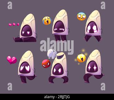 Cartoon set of robot emotions. Vector illustration of pensive, crying, sad, scared, angry, surprised, in love chatbot sitting, standing and running isolated on background. Funny ai mascot character Stock Vector