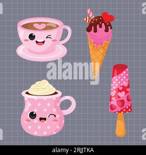 Kawaii fast food set. Vector illustration of kawaii fast food. Stock Vector