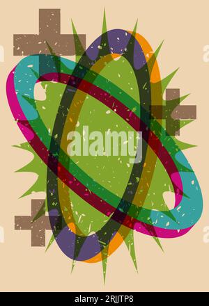 Geometry object in trendy riso graph design. Colorful geometric shapes, elements. Risograph print texture style. Stock Vector