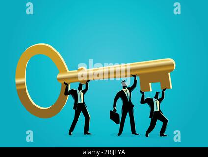 Business concept vector illustration of businessmen carrying golden key. Teamwork, collaboration for success concept Stock Vector