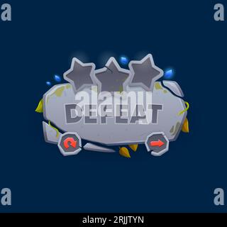 Defeat game badge or shield, ui pop up banner signifies the defeating in challenging levels, player gaming experience element with broken stone plate, Stock Vector