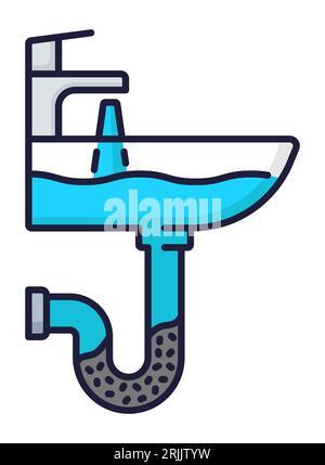 Plumber service color icon for water pipes plumbing, cleaning and fix, vector outline symbol. Kitchen or bathroom sink sewerage drain or pipeline prob Stock Vector