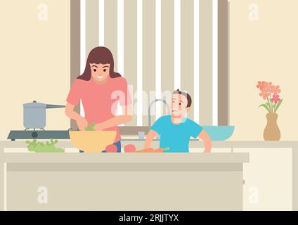 Simple flat vector illustration of a mother doing activity in the kitchen with her son Stock Vector