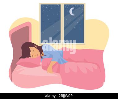 Simple flat vector illustration of a woman sleeping in her bed Stock Vector