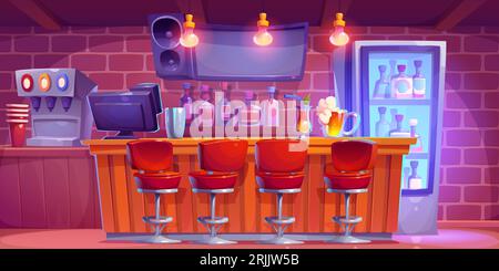 Bar counter interior - cartoon vector illustration of empty restaurant or night club rack with cocktails and beer in glasses on wooden rack, bottles with alcohol drinks on shelves and in fridge. Stock Vector