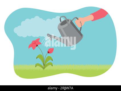 Simple flat vector illustration of hand holding watering can and watering plant Stock Vector