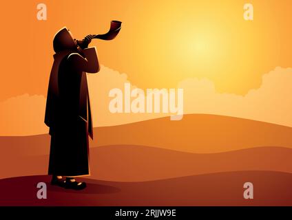 Vector illustration Jewish man blowing the Shofar ram’s horn on Rosh Hashanah and Yom Kippur day. Stock Vector