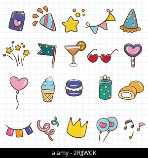 Birthday party doodle icon set. Hand drawn vector illustration. Stock Vector