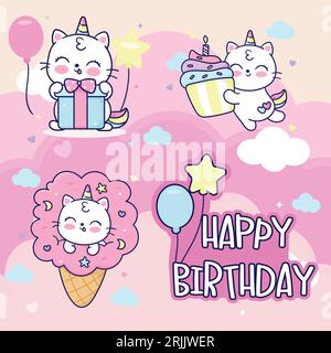 Happy birthday card with cute cat, unicorn, ice cream, gift box, balloons and clouds. Vector illustration. Stock Vector