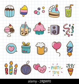 Birthday party doodle icon set. Hand drawn vector illustration. Stock Vector