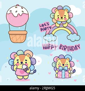 Vector birthday party elements set cute cartoon animals vector illustration Stock Vector