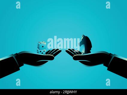 Business concept vector illustration, of businessmen hands, one holding dices and the other holding a knight chess piece. Strategy and speculation Stock Vector