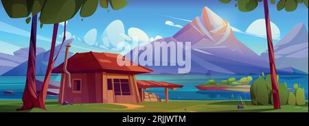 Wooden hut with mountain landscape across lake. Vector cartoon illustration of shabby house with chimney and firewood under roof, island with green grass and trees, blue sky. Travel game background Stock Vector
