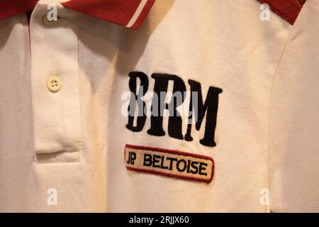 Saint-Gilles , France -  08 17 2023 : BRM Grand Prix racing car logo sign and text brand JP Beltoise French Grand Prix motorcycle road racer and Formu Stock Photo