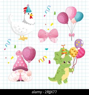 Vector birthday party elements set cute cartoon animals vector illustration Stock Vector