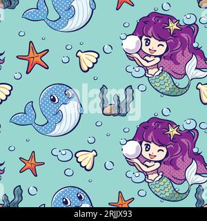 Seamless pattern with cute mermaids and sea shells Stock Vector
