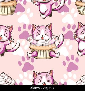 Seamless pattern with cute cats and cupcakes Vector illustration Stock Vector