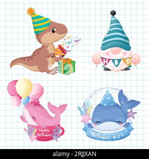 Vector birthday party elements set cute cartoon animals vector illustration Stock Vector