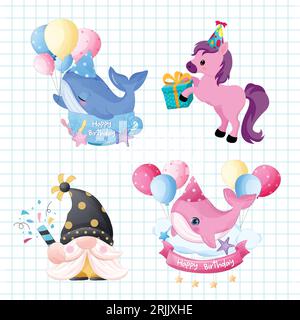 Vector birthday party elements set cute cartoon animals vector illustration Stock Vector