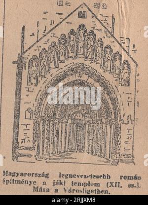 Vintage Illustrated Dictionary from the 1940s Családi kis Lexikon dictionary : Magyarország legnevezetesebb román építménye a jáki templom ( XII. század) / The most notable Roman building in Hungary is the church of Jaki XII. century Stock Photo