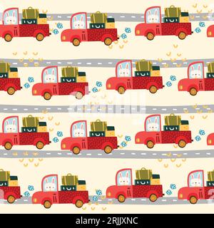 Vector seamless pattern with cute cartoon cars on road vector illustration Stock Vector