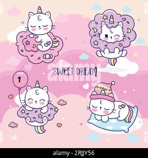 Happy birthday card with cute cat, unicorn, ice cream, gift box, balloons and clouds. Vector illustration. Stock Vector