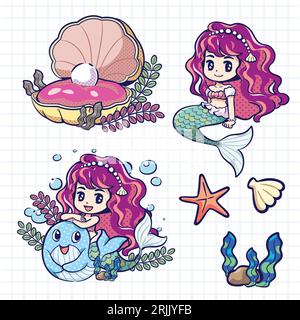 Seamless pattern with cute mermaids and sea shells Stock Vector