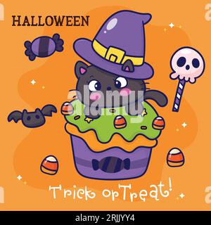 Vector happy halloween card cute cartoon black cat in witch hat with candies vector illustration Stock Vector