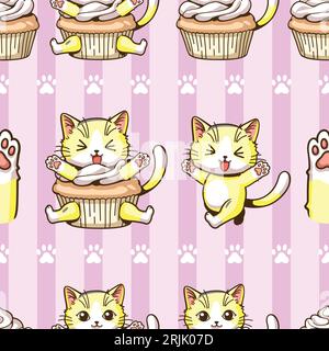 Seamless pattern with cute cats and cupcakes Vector illustration Stock Vector
