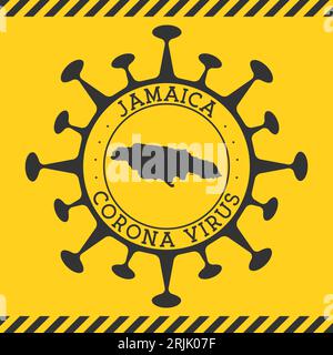 Coronavirus in Jamaica sign. Round badge with shape of virus and Jamaica map. Yellow country epidemic lockdown stamp. Vector illustration. Stock Vector