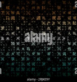Digital letters cover. Random Characters of Chinese Simplified Alphabet. Gradiented matrix pattern. Brown blue green color theme backgrounds. Stock Vector