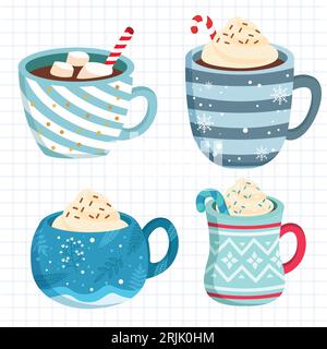 Mugs of hot chocolate with marshmallows and candy cane Vector illustration Stock Vector